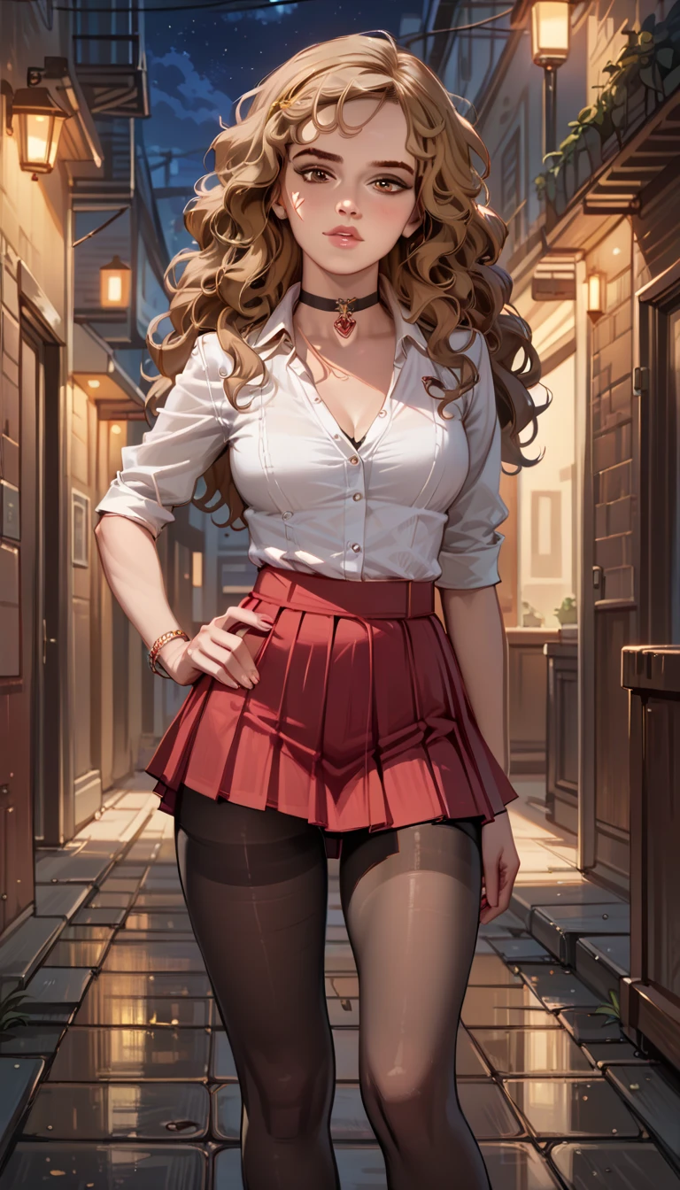 score_9, score_8_up, score_7_up, rating_questionable, 1girl, solo, very sexy (Hermione Ganger, cartoon of hrmgrgr, long wavy hair, light brown hair, brown eyes:1.5), beautiful waifu, mature woman, (sexy outfit, tights, white_blouse, short skirt, pleated skirt, choker, wedge heels:1.1), flirt, seductive, gaze, sexy look, half-closed eyes, head tilt, filled lips, thick lips, makeup, standing, hand on hip, feet apart, sexy pose, Diagon Alley, shallow depth of field, (night:1.3), dimly lit.