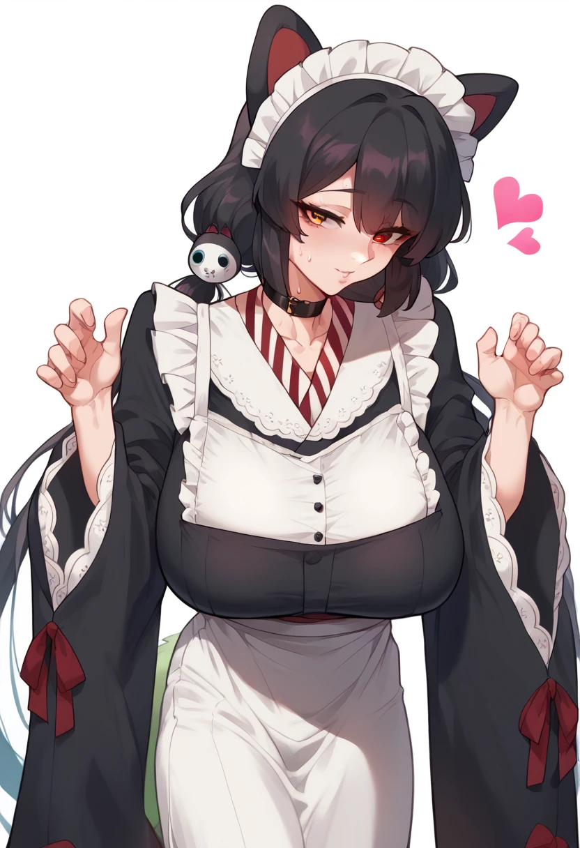 Hyper realistic, it1, flower, twintails, low twintails, very long hair, dog girl、 girl standing 、
choker, maid headdress, black kimono, wide sleeves, frills, Heart, white apron, sleeves past wrists, skirt, red skirt, perfect face, perfect lighting,, sexy female, huge breasts, sweat, hanging breasts,、The chest part of clothes that looks like it's going to break
、grabs breasts from under