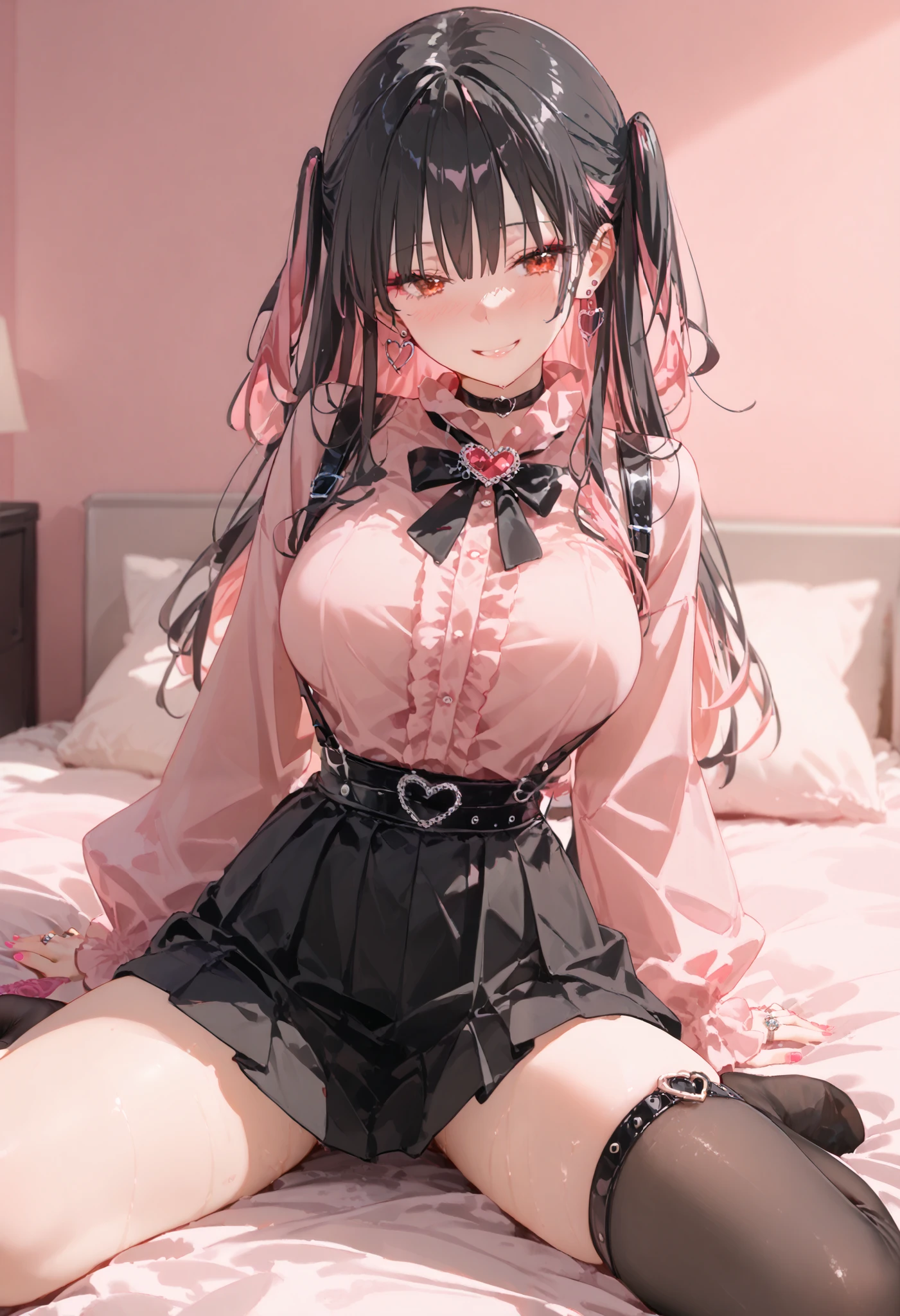 score_9, score_8_up, score_7_up, source_Anime, 8k, Masterpiece , best quality, ultra detail, very delicate and beautiful, official style, depth of writing, high definition, very refined , complicated, over detail , perfect anatomy , watch viewers, the above, (( sex:1.2)), , wariza, On Bed , ( hotel room, Love Hotel, Pink Wall, Pink Bed Sheets ), condom wrap , pink smartphone , BREAK 1 girl, Alone, ( black hair, Pink Hair, Bicolor Hair , Multi Colored Hair), long hair, two side up, black hair bow, red eyes, red eyeshadow under eyes, pink cheeks, Earth system, my_Cute, ( Crossed String Clothes , pink shirt , Long Sleeve , Frillsed sleeves), Frills, black bowtie , black skirt , black suspenders, Black socks, heart brooch , heart earrings, ring, ( Multicolor Nails, NAIL POLISH , PINK NAILS, black nail ), ( mask , black mask ), black belt, o-ring thigh strap, black choker, smirking 、 mature mature 、y0k4t4, 1 girl
