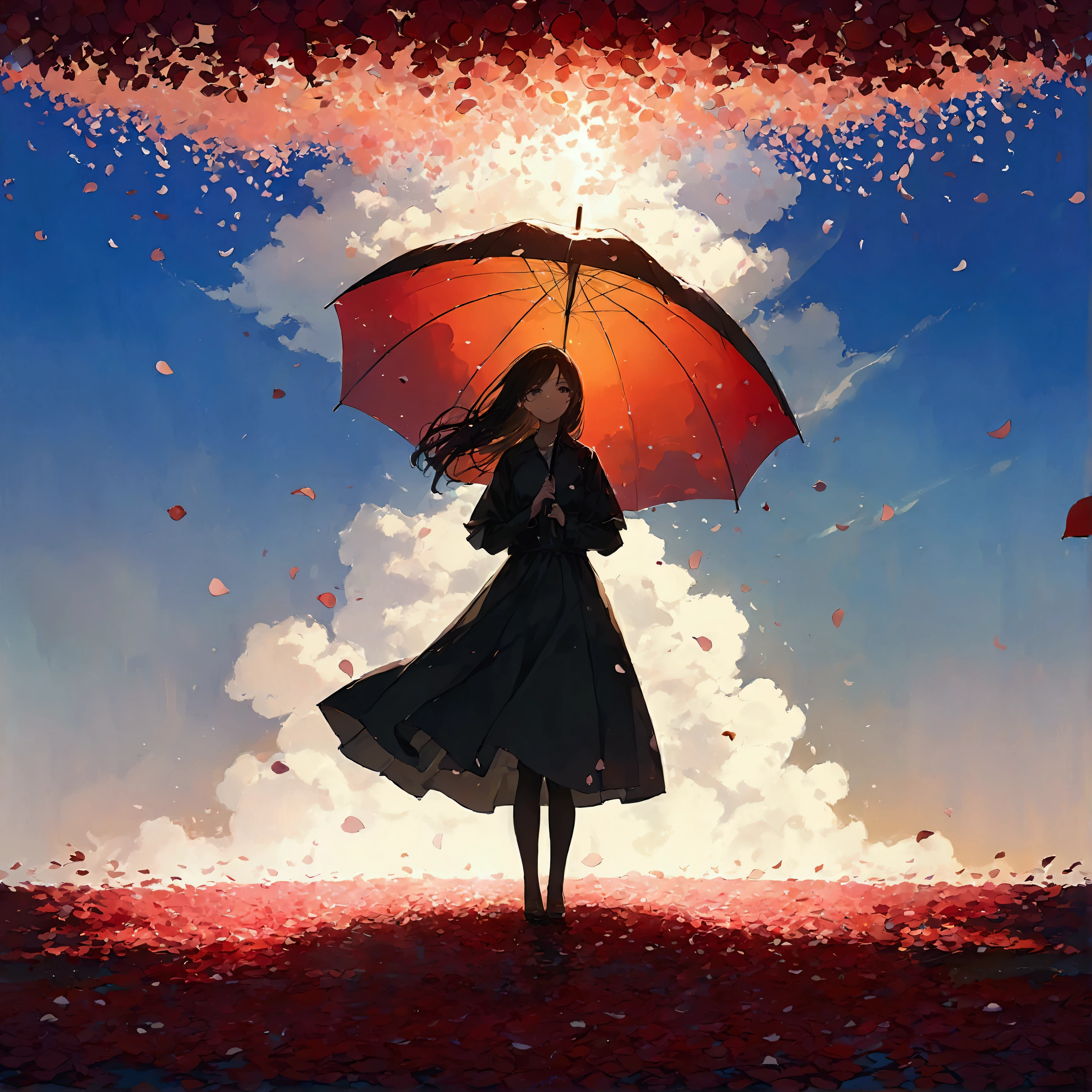 1girl\(holding umbrella\(transparent,(mass amount of petals decorate umbrella:1.3)\)\), (mass amount of petals filling in the air:1.5). petals cover ground. minimalism, simplism. BREAK .quality\(8k,wallpaper of extremely detailed CG unit, high resolution, top-quality, top-quality real texture skin, hyper realistic, increase the resolution, RAW photos, best quality, highly detailed, the wallpaper, golden ratio, high saturation realism, vibrant colors, dramatic lighting, persuasive storytelling, atmospheric scenery, captivating visuals, intricate details, strong emotions, dreamlike world\),