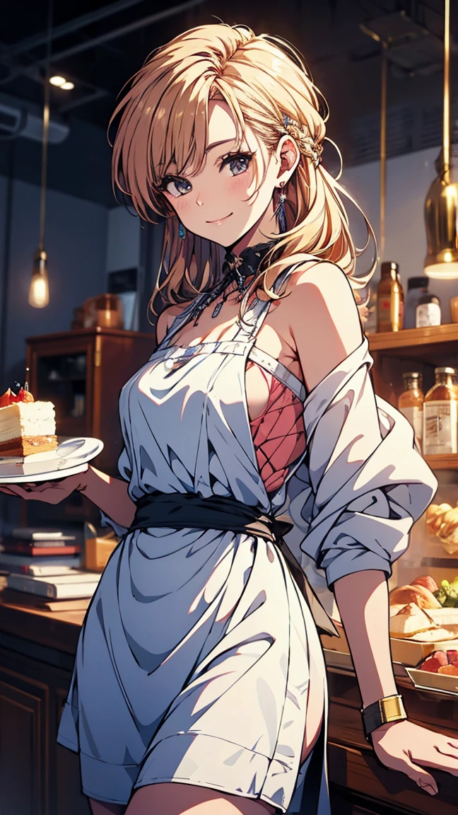 (  Masterpiece ,  best quality), ( super high resolution, ８ＫＲＡＷphotograph,  photorealistic tempting auditionists:1.5,   textile shading , Thin outline),  cake on a plate ), Gothic Table, apron, Tall and long legs,  Alone),  Thin Waist), Hair above the eyes, ( Bright Eyes ,  detail eyes off the shoulder,  high detail face , Perfect Face Shape, Dizzying), ( Seductive Smile ,  half-closed eyes ), ( viewers:1.3), ( dynamic angle, , the above:1.2), (( correct anatomy :1.5, correct hands)), ( ideal body ratio ),