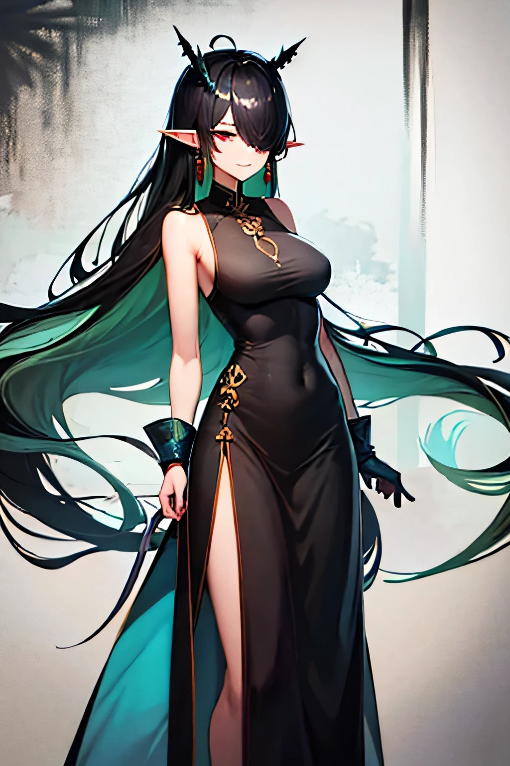 black_hair, long_hair, pointy_ears, multicolored_hair, jewelry, earrings, red_eyes, sleeveless, colored_skin, streaked_hair, Big_breasts, elf_girl, very_long_hair, hair_over_one_eye, full_body, green_hair, tassel_earrings, closed_mouth,glowing, no face, long hair, tall, ((mature, smirk,)),red_cheongsam