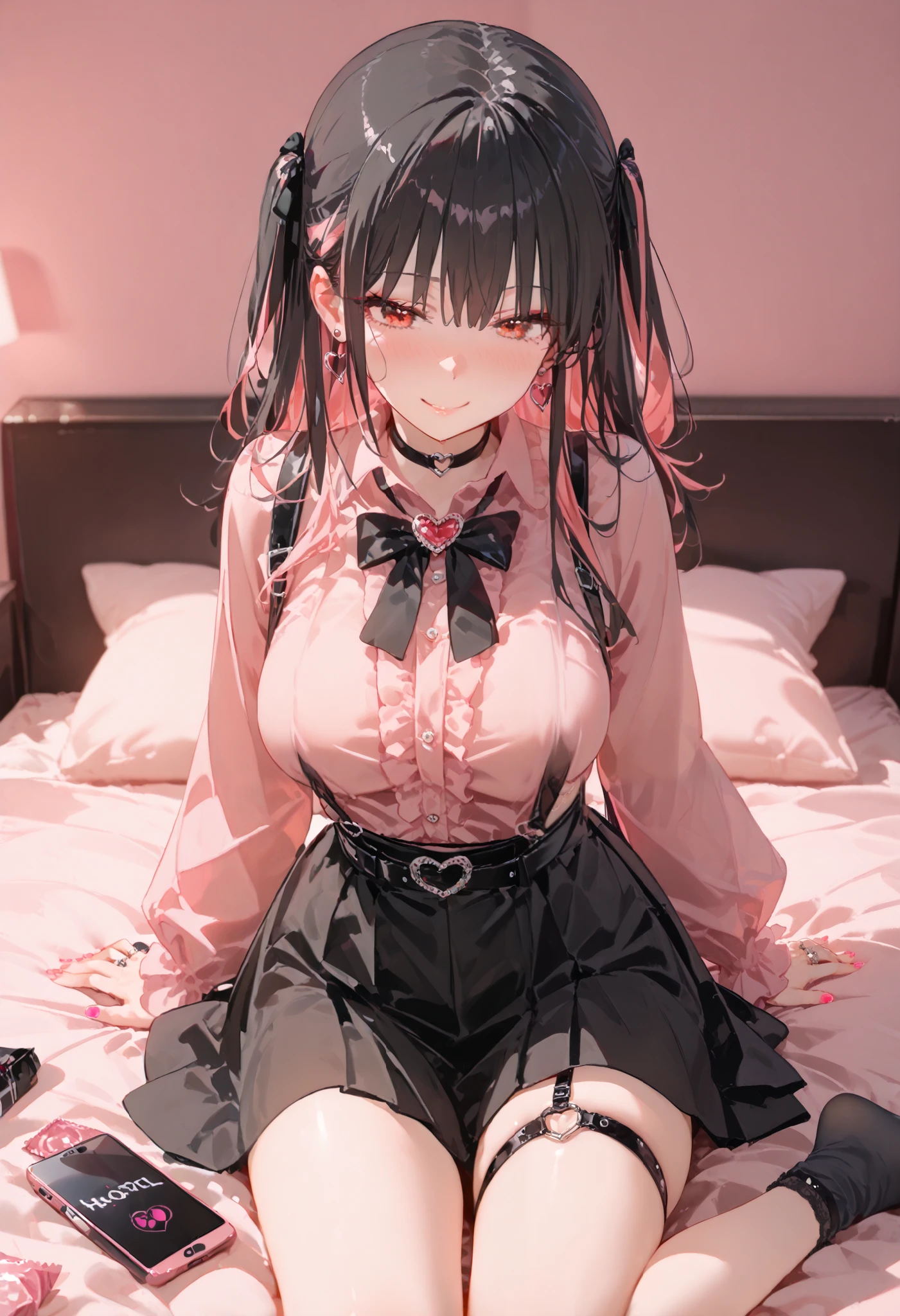 score_9, score_8_up, score_7_up, source_Anime, 8k, Masterpiece , best quality, ultra detail, very delicate and beautiful, official style, depth of writing, high definition, very refined , complicated, over detail , perfect anatomy , watch viewers, the above, (( sex:1.2)), , wariza, On Bed , ( hotel room, Love Hotel, Pink Wall, Pink Bed Sheets ), condom wrap , pink smartphone , BREAK 1 girl, Alone, ( black hair, Pink Hair, Bicolor Hair , Multi Colored Hair), long hair, two side up, black hair bow, red eyes, red eyeshadow under eyes, pink cheeks, Earth system, my_Cute, ( Crossed String Clothes , pink shirt , Long Sleeve , Frillsed sleeves), Frills, black bowtie , black skirt , black suspenders, Black socks, heart brooch , heart earrings, ring, ( Multicolor Nails, NAIL POLISH , PINK NAILS, black nail ), ( mask , black mask ), black belt, o-ring thigh strap, black choker, smirking 、 mature mature 、y0k4t4, 1 girl
