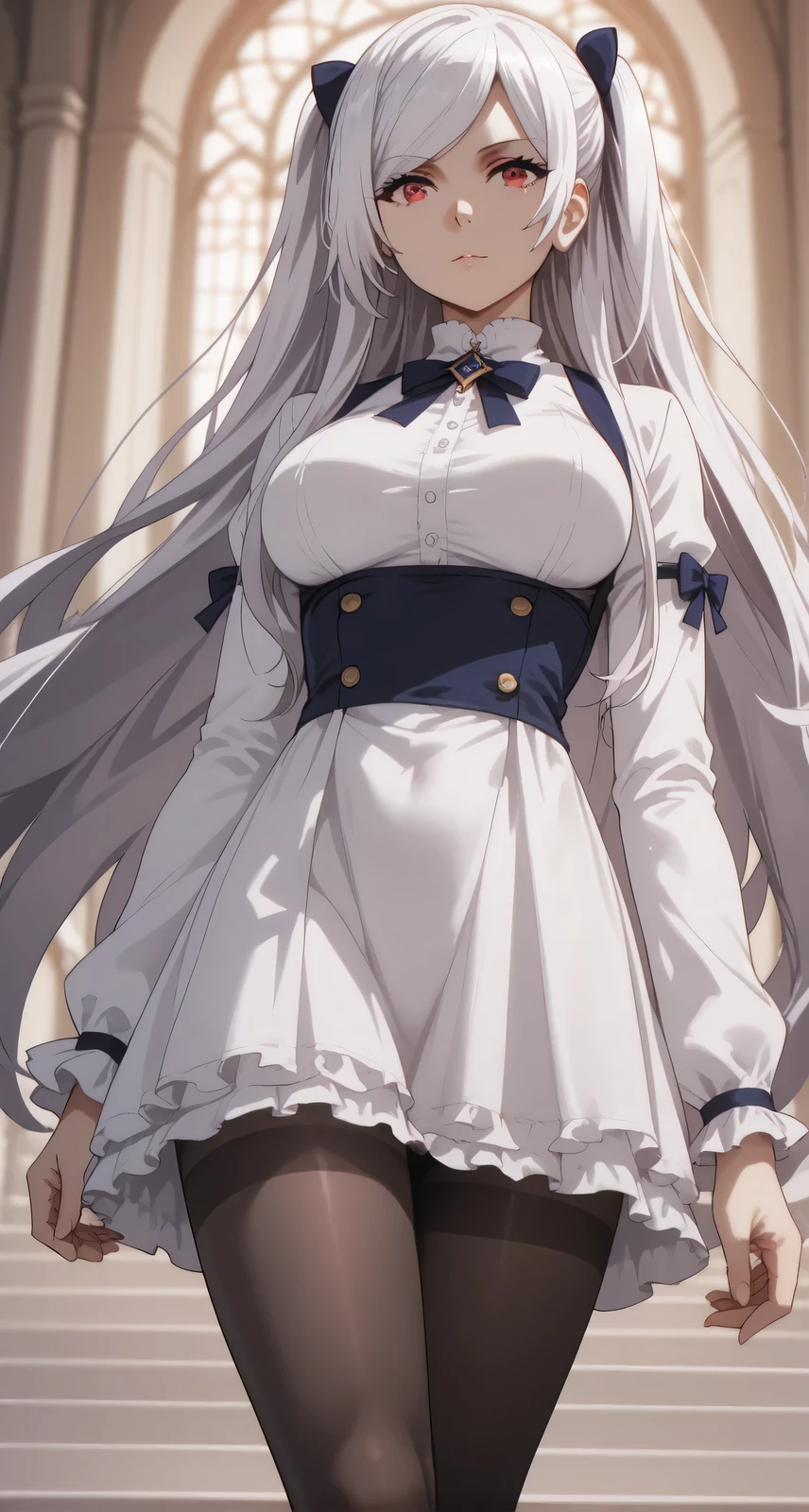 Source anime, Tall girl, Fit girl,score_9, score_8_up, score_7_up, score_6_up, uncensored, alexia midgar, long hair, , black hair ribbon, white hair, red eyes, sidelocks, ribbon, large breast, 1girl, solo, long_hair, dress, standing, looking_at_viewer, pantyhose, white_dress, hair_over_one_eye, long_sleeves, crossed_legs, short dress,