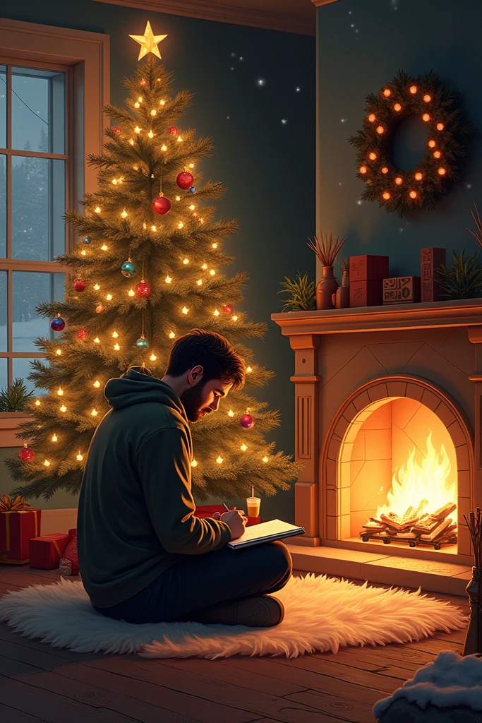 Winter night scene, inside a cottage a twelve-year-old boy is studying in a cloak.