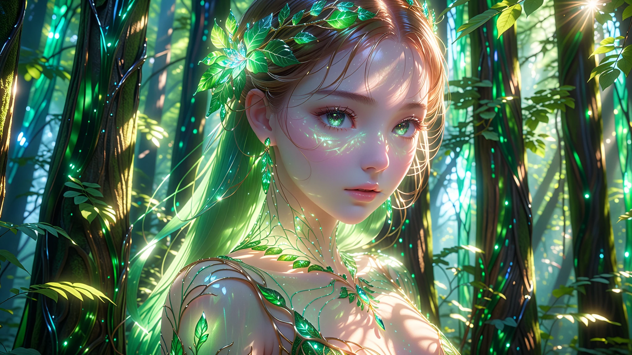 A Masterpiece In 32K Resolution, Supreme Quality, Super Detail, Official Art, Cinematic Lighting, Beautiful And Aesthetic, Ultra-Detailed Features, Very High-Resolution 32K Wallpaper. A Girl Standing Alone In A Vibrant Forest. Her Delicate, Sculpture-Like Figure Conveys Both Beauty And Fragility, With Tears Streaming Down Her Translucent Cheeks. The Lush Green Foliage Surrounds Her, Casting A Soft, Tranquil Glow On Her Ethereal Form. Her Glass Body Shimmers With Rich Emerald Tones, Each Curve And Line Intricately Detailed. The Glass In Her Eyes Captures The Sunlight Filtering Through The Leaves, Reflecting The Universe's Infinite Depth And Emotion. The Glowing Lines On Her Body Emit A Soft Fluorescence, While Luminous Light Particles Dance Around Her, Enhancing Her Translucent Beauty.