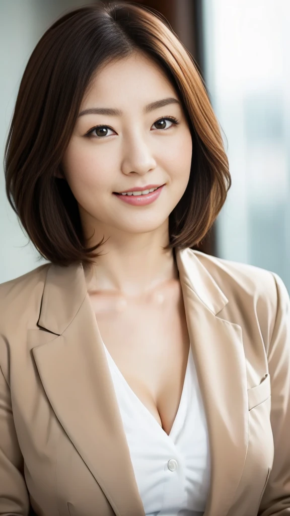  Japanese life insurance lady 、The face is an actress 、Wear a jacket suit and shirt、 High Quality 、 super realistic、healthy、 Smiling expression、Perfect figure、Japanese Beauty、 beautiful eyes、 perfect face、 beautiful skin 、The background is an office、 big boobs 1,5, Open Chest 、 Shortcut