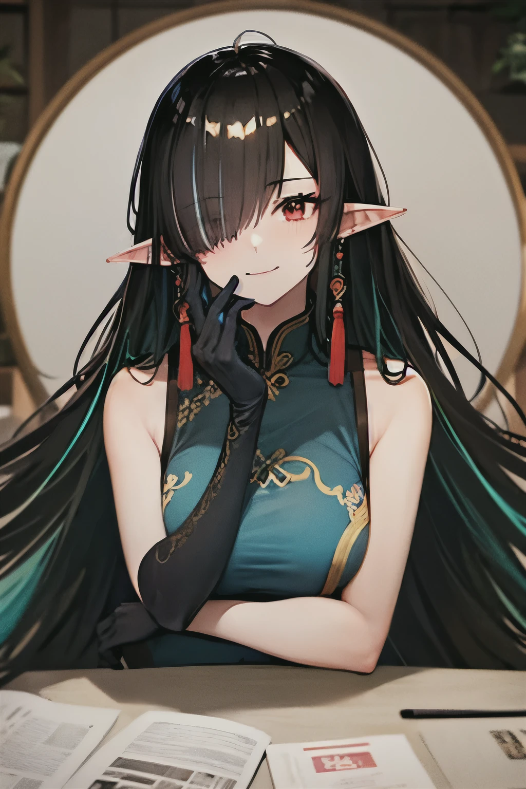 black_hair, long_hair, pointy_ears, multicolored_hair, jewelry, earrings, red_eyes, sleeveless, colored_skin, streaked_hair, Big_breasts, elf_girl, very_long_hair, hair_over_one_eye, half_body, green_hair, tassel_earrings, closed_mouth,glowing, no face, long hair, tall, ((mature, smirk,)),red_cheongsam