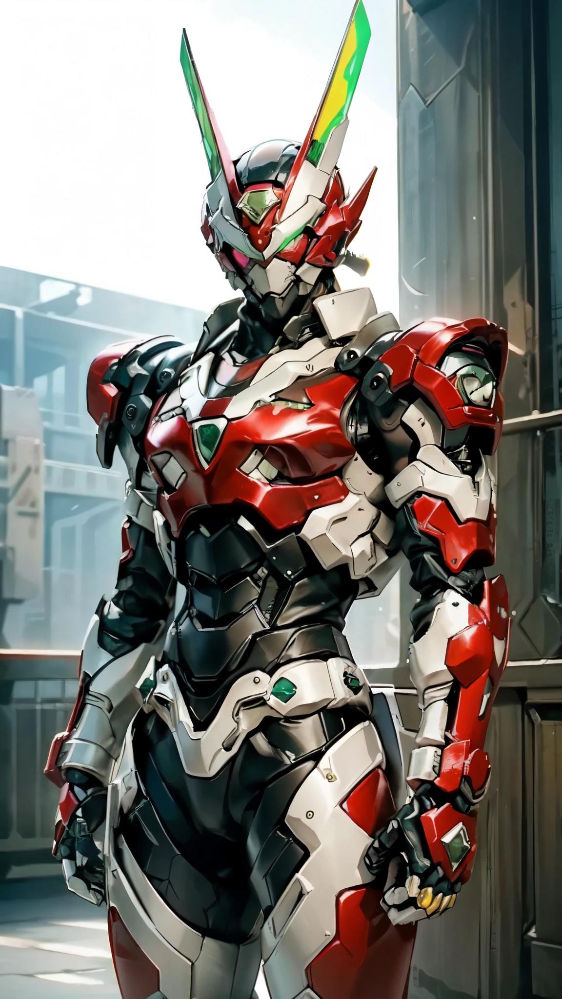 (masterpiece:1.5, best quality:1.5, extremely delicate:1.5), ((male:1.5)), a man wearing a full-face helmet, high-tech biomimetic armored combat suit, (a composite layered chest armor), the design balances heavy with agility, fully enclosed shoulder guards, matching arm and leg guards, a belt of gemstone, (the color scheme is primarily Green with Aqua and Red accents, Organic Biotech, Concept Inspired by Demon Knight, glowing eyes, armor glows, the huge cape fluttering in the wind), stand of a futuristic sci-fi city, this character embodies a finely crafted fantasy-style armored hero in anime style, exquisite and mature art style, metallic, high definition, highres, ultra-detailed, ultra-fine painting, professional, perfect body proportions, golden ratio, anatomically correct, symmetrical face, extremely detailed eyes and face, high quality eyes, creativity, RAW photo, UHD, 32k, Natural light, cinematic lighting, (masterpiece-anatomy-perfect:1.2)