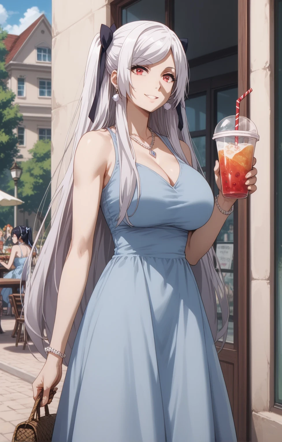 Source anime, Tall girl, Fit girl,score_9, score_8_up, score_7_up, score_6_up, uncensored, alexia midgar, long hair, black hair ribbon, white hair, red eyes, sidelocks, ribbon, huge breast, 1girl, dress, jewelry, solo, earrings, cup, sign, blue_dress, necklace, tree, holding, drinking_straw, outdoors, standing, holding_cup, day, sleeveless, shadow, window, smile, 