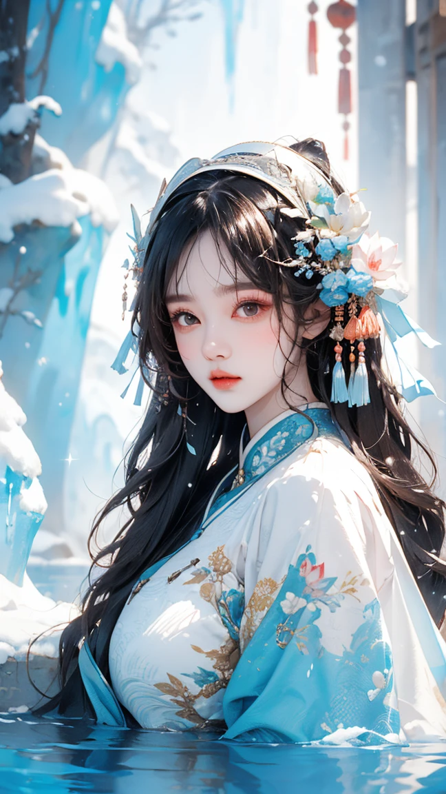 masterpiece, HD，winter，snow，Iceberg ， Lotus Poolside ，一位美麗的古代中國女子，Bangs, White Long Hair ,  Lotus Headpiece ，Big breasts，A beautiful ancient Chinese woman wearing the game Wujan Han costume ， Sparkle Effect , 