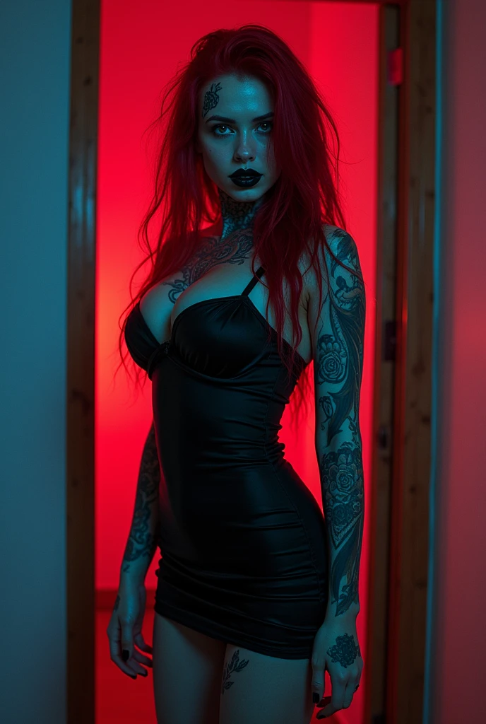 Woman Redhead Gothic Woman Black Lipstick Dirty Body Arms Crossed Without Bra Perfect Breasts Picture NSFW
