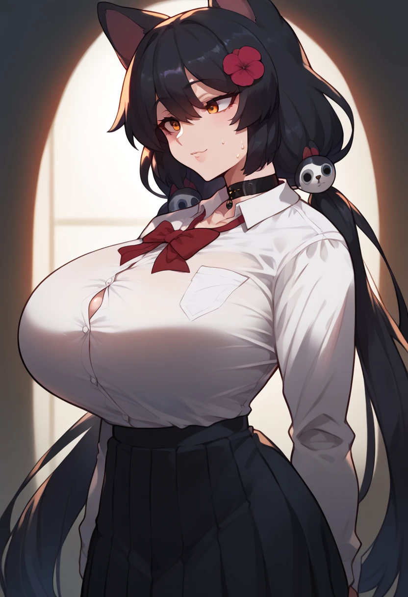 Hyper realistic, it1, flower, twintails, low twintails, very long hair, dog girl、 girl standing 、
choker, black pleated mini skirt,  white shirt、ribbon tie school uniform、, perfect face, perfect lighting,, sexy female, huge breasts, sweat,huge breasts,、The chest part of clothes that looks like it's going to break
、From the side