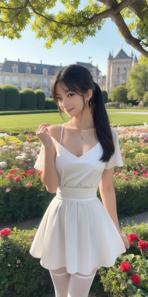 Full body of a cute girl standing in a park with lots of flowers,Sexy Mini Dress,Perfect proportions,Perfect body,