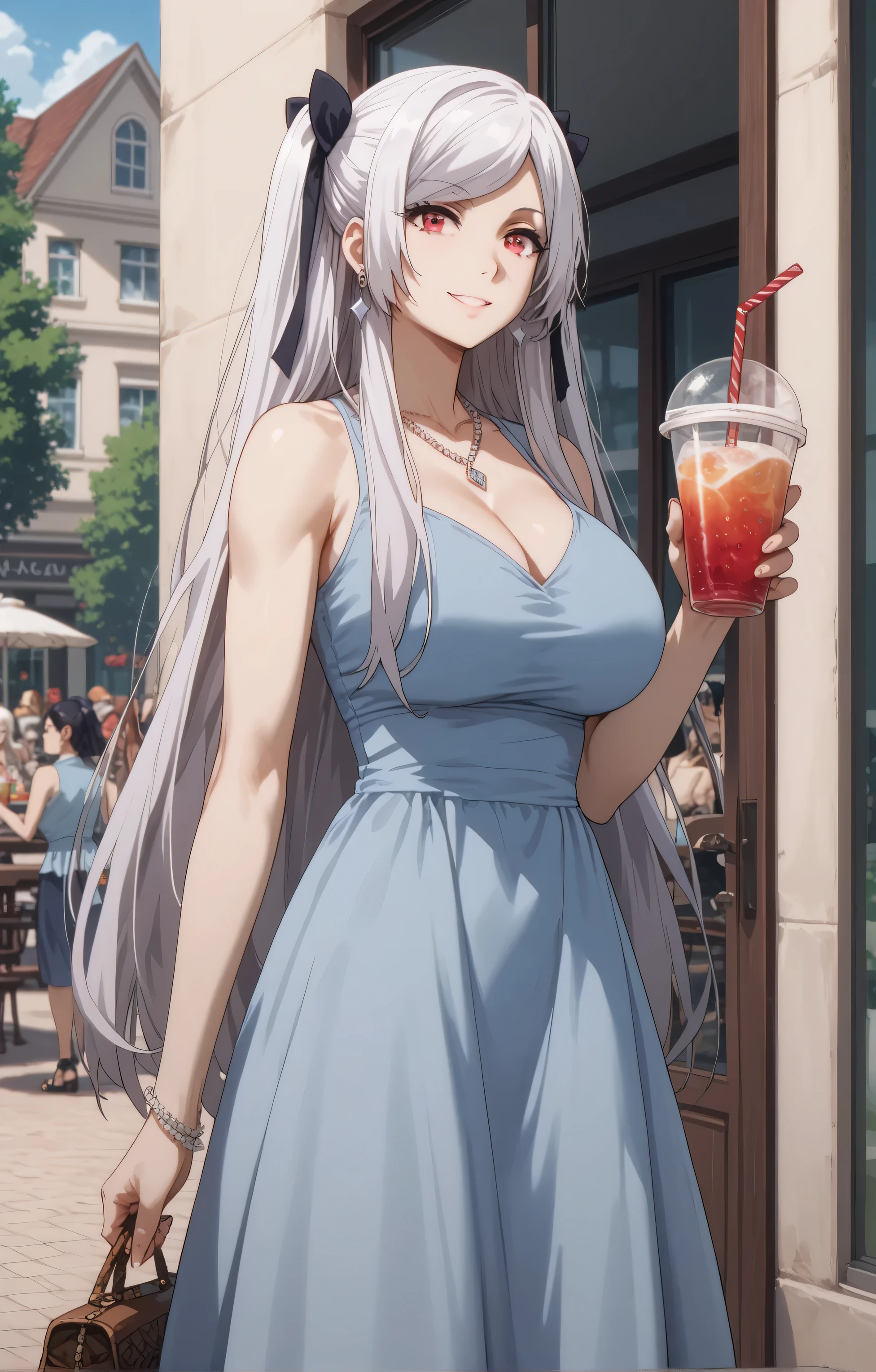 Source anime, Tall girl, Fit girl,score_9, score_8_up, score_7_up, score_6_up, uncensored, alexia midgar, long hair, black hair ribbon, white hair, red eyes, sidelocks, ribbon, huge breast, 1girl, dress, jewelry, solo, earrings, cup, sign, blue_dress, necklace, tree, holding, drinking_straw, outdoors, standing, holding_cup, day, sleeveless, window, smile, 