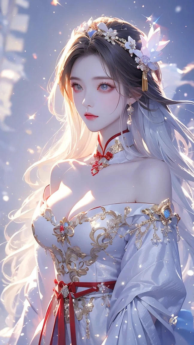 masterpiece, HD，winter，snow，Iceberg ，A beautiful ancient Chinese woman stands next to a lotus pond，Bangs, White Long Hair ,  Lotus Headpiece ，Big breasts，A beautiful ancient Chinese woman wearing the game Wujan Han costume ， Sparkle Effect , 