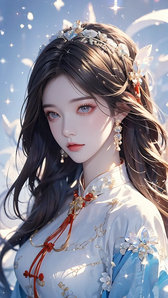 masterpiece, HD，winter，snow，Iceberg ，A beautiful ancient Chinese woman stands next to a lotus pond，Bangs, White Long Hair ,  Lotus Headpiece ，Big breasts，A beautiful ancient Chinese woman wearing the game Wujan Han costume ， Sparkle Effect , 