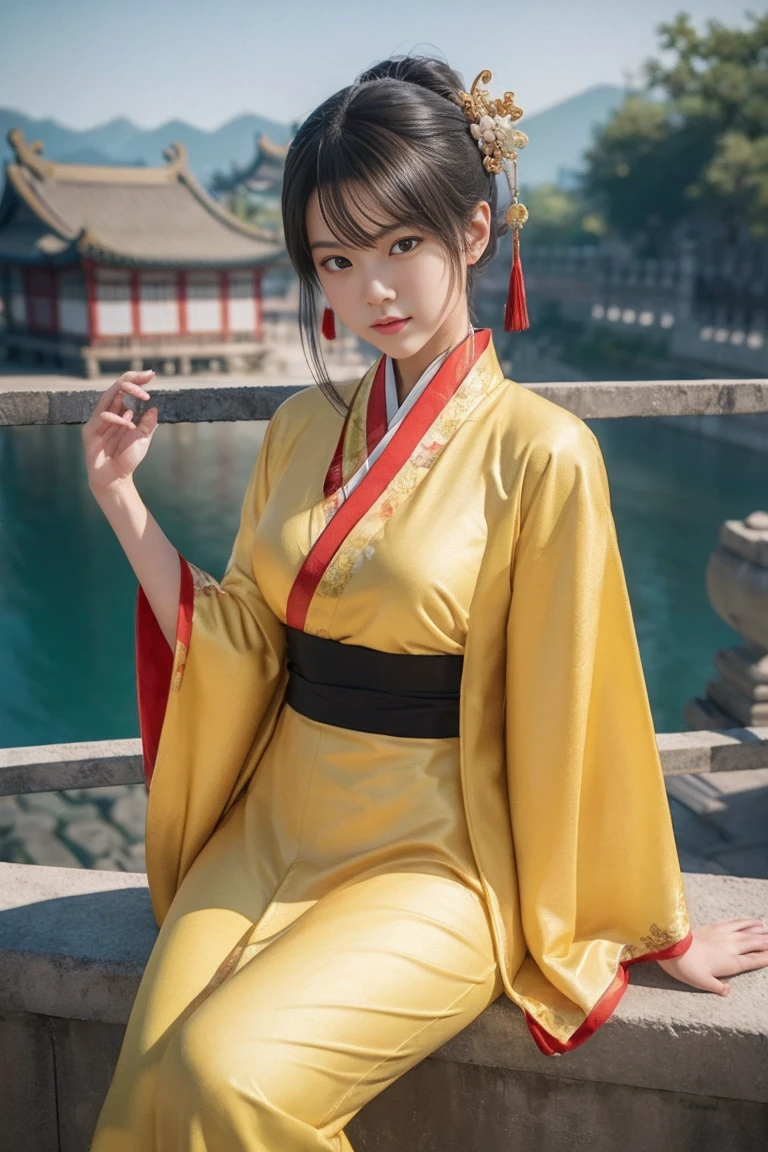 araffe woman in a yellow kimono sitting on a ledge, palace ， a girl in hanfu, realistic anime 3 d style, artwork in the style of guweiz, beautiful character painting, 3 d anime realistic, trending on cgstation, anime styled 3d, wearing ancient chinese clothes, chinese girl, artgerm and atey ghailan