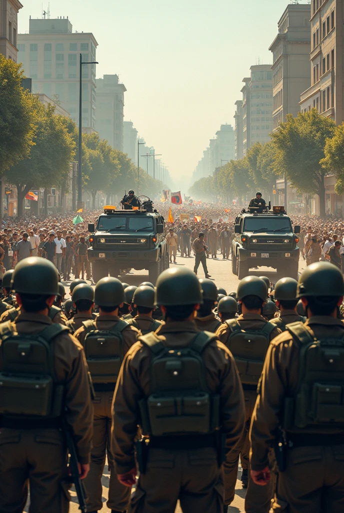 arafed image of a group of soldiers in a city, zack snyder cinematography style, inspired by Kazimierz Wojniakowski, waldo in the top right of frame, dark color. explosions, crowd of longhairs, shot on anamorphic lenses, take cover, 3 dmax, orcs, screencap