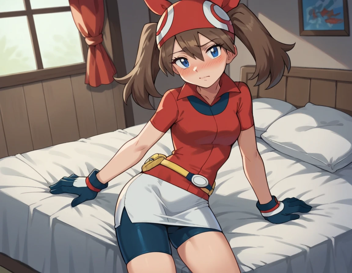 score_9, score_8_up, score_7_up, source_anime, pokemonmay, blue eyes, brown hair, bandana, long hair, red bandana, twintails, hair between eyes,, bike shorts, collared shirt, gloves, microskirt, multicolored shirt, pencil skirt, red shirt, shirt, short sleeves, skirt, white skirt,, indoors, bed, bed room, on side, blush, drunk, looking at viewer, solo, cowboy shot, dutch angle, vaginal penis, 