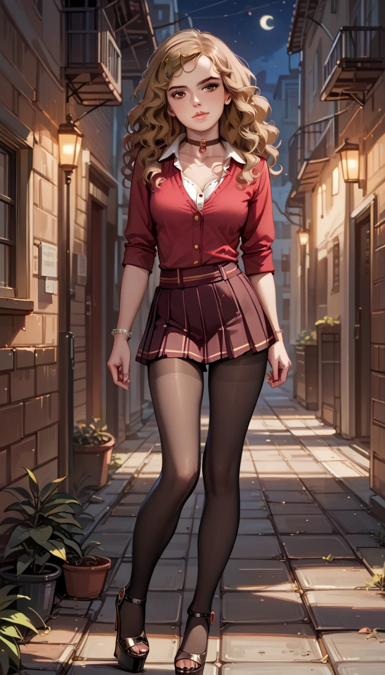 score_9, score_8_up, score_7_up, rating_questionable, 1girl, solo, very sexy (Hermione Ganger, cartoon of hrmgrgr, long wavy hair, light brown hair, brown eyes:1.5), beautiful waifu, adult, (sexy outfit, tights, white_blouse, short skirt, pleated skirt, choker, wedge heels:1.1), long legs, flirt, seductive, gaze, sexy look, half-closed eyes, head tilt, filled lips, thick lips, makeup, walking in Diagon Alley, shallow depth of field, (night:1.3), dimly lit.