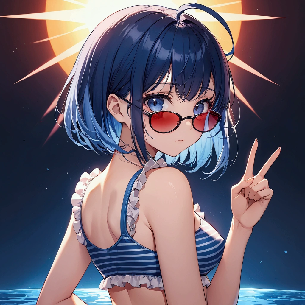 ((Bluish silver bob))) Square frame glasses、 (((Sparkling blue eyeid-chest)、((Bikini skirt swimsuit))(Background sunset beach)
