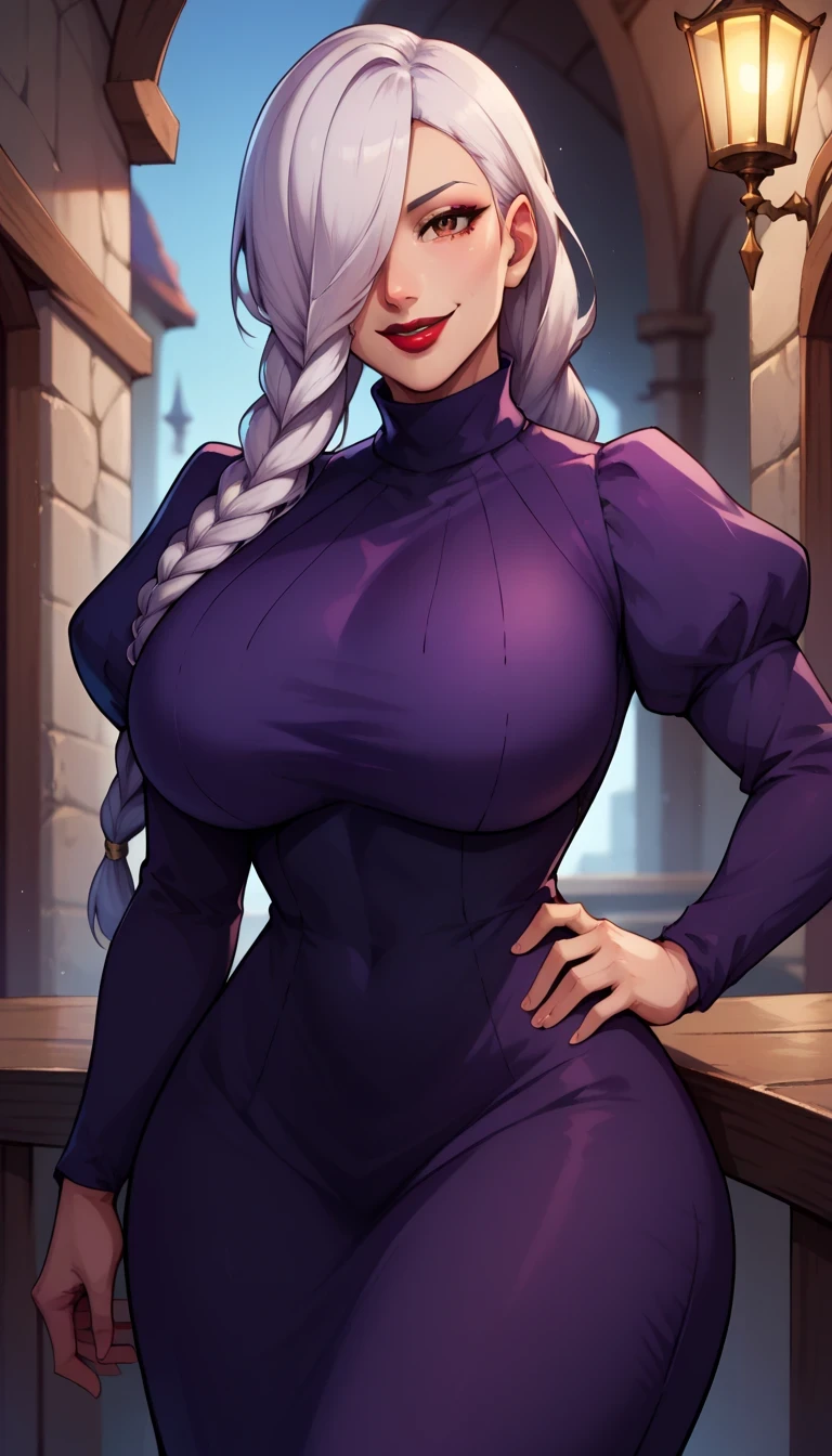 ken-1, score_9, score_8_up, score_7_up, BREAK,   MeimeiSDXL, 1girl, solo, long hair, breasts, looking at viewer, smile, brown eyes, large breasts, long sleeves, dress, braid, puffy sleeves,white hair, black dress, hair over one eye, blurry, black dress, hand on hip, makeup, blurry background, lipstick, juliet sleeves, purple dress, curvy, wide hips, braided ponytail, red lips, braided bangs, turtleneck dress