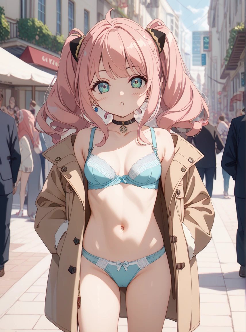 masterpiece、 High Quality 、 1 girl、Idol Costumes、 pink hair、 twin tails、 Long Hair、((12years old girl)),  slender , (nsfw), (public), (crowd), (coat over naked), (Bra), (panties),