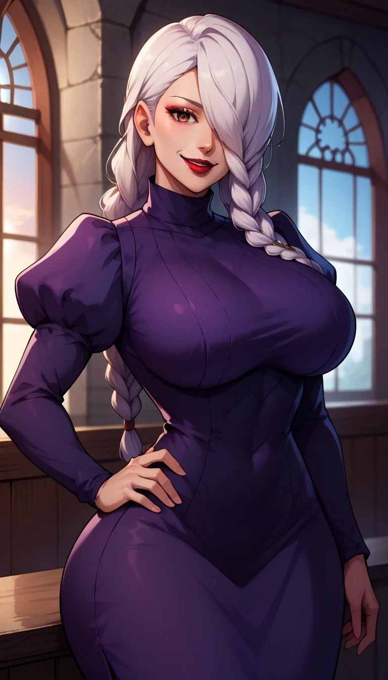 ken-1, score_9, score_8_up, score_7_up, BREAK,   MeimeiSDXL, 1girl, solo, long hair, breasts, looking at viewer, smile, brown eyes, large breasts, long sleeves, dress, braid, puffy sleeves,white hair, black dress, hair over one eye, blurry, black dress, hand on hip, makeup, blurry background, lipstick, juliet sleeves, purple dress, curvy, wide hips, braided ponytail, red lips, braided bangs, turtleneck dress