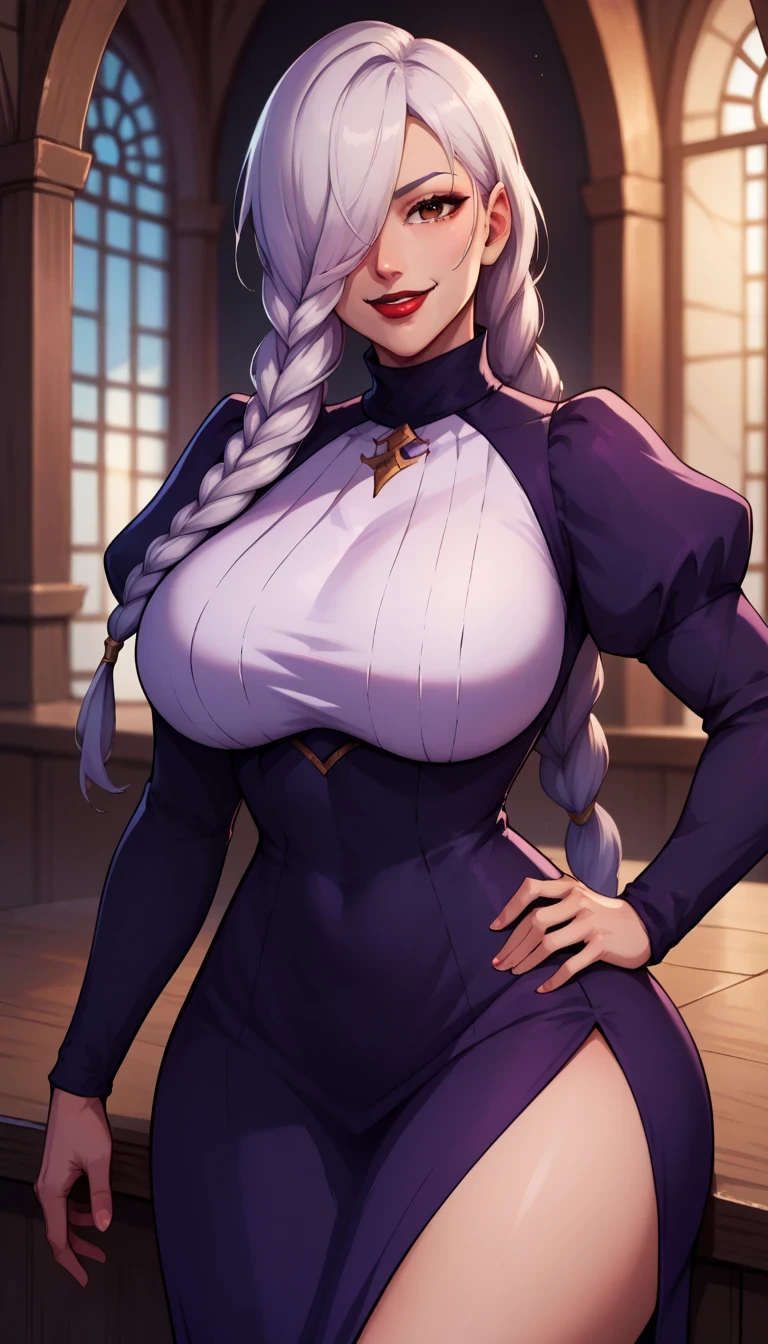 ken-1, score_9, score_8_up, score_7_up, BREAK,   MeimeiSDXL, 1girl, solo, long hair, breasts, looking at viewer, smile, brown eyes, large breasts, long sleeves, dress, braid, puffy sleeves,white hair, black dress, hair over one eye, blurry, black dress, hand on hip, makeup, blurry background, lipstick, juliet sleeves, purple dress, curvy, wide hips, braided ponytail, red lips, braided bangs, turtleneck dress