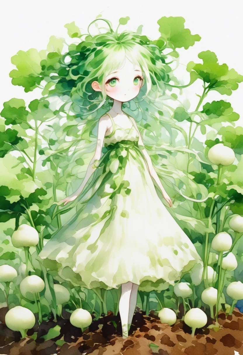 (masterpiece, best quality:1.2), A cute daikon lady, green hair, green eyes, pure white skin, wearing dress made of daikon skin, legs, smile, standing in the soil, looking at the camera. fantasy art, watercolor painting