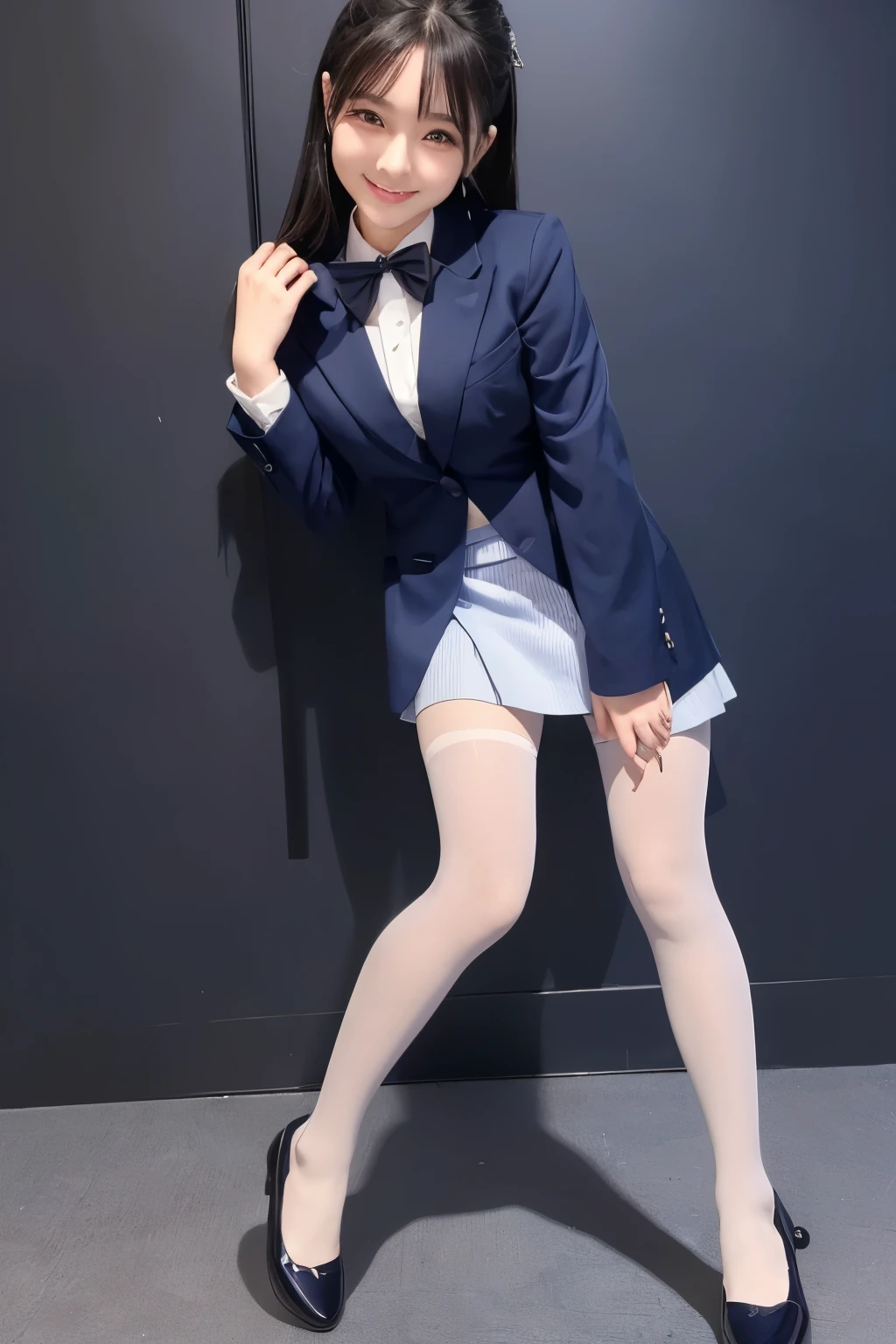 (8k、RAW Photos、highest quality、masterpiece:1.2)、(Realistic、Realistic)、1 girl、((Belly button、ponytail、、smile、Ribbon on chest、Blue ee-through、boots、Big Chest Hair、View from the front、stage、Spotlight、Standing with hands on hips))、Lots of eyelashes、Glowing eyelids、skeletally correct
