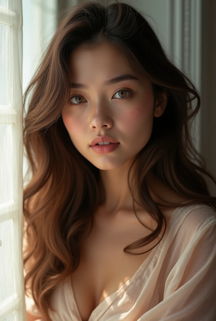 "A photorealistic (1.4) portrait in UHD resolution, showcasing an ultra-realistic and highly detailed depiction of a "woman", 1Ashgirl" long dark brown wavy very stylish textured hairstyle, Her facial and skin textures are intricate, with sharp focus highlighting every fine detail. Her eyes are expressive, her full natural lips are soft and inviting, and delicate freckles enhance her natural beauty. The lighting casts realistic shadows and highlights, adding depth to the composition. The scene features soft pastel natural tones, complementing the gentle mood of the portrait. She is standing next to a window wire sheer curtains,  with light filtering through, creating a serene ambiance. Her gaze is direct, connecting with the viewer, captured in a high-resolution, professional photography style with refined textures and high-quality detailing." 