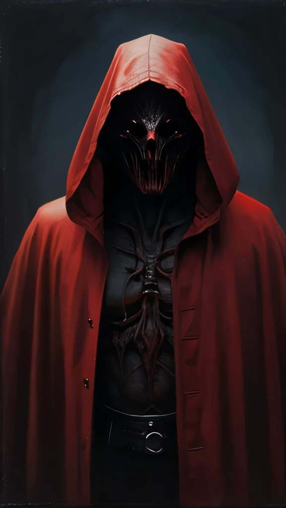 a painting of a man in a red cloak and a red mask, chtulhu, just art for dark metal music, z. beksinski, ( beksinski ), jeffrey jones, beksinski style painting, one a demon-like creature, one a demon - like creature, beksinski style, dark cloaked figure, beksinski painting