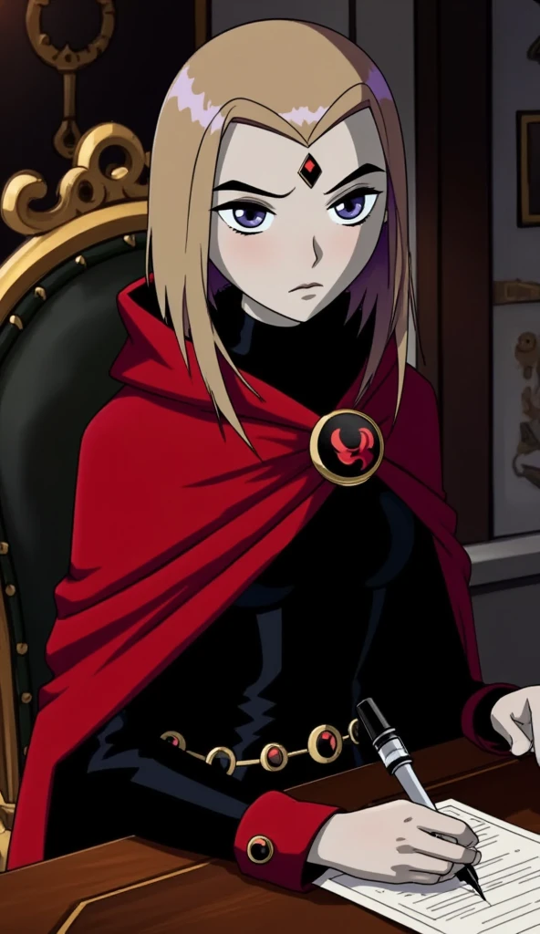 (Masterpiece: 1.2, Best Quality), Realistic, (Realistic Picture, Complex Details, Depth of Field), Best Quality, Masterpiece, Highly Detailed, Semi Realistic, 1 Girl, Mature Female, 21 Years Old, Blond Hair, Shoulder length Short Hair, Left Eye Covered with Hair, Blue Eyes, King's Clothes, Red Cloak, Slim Figure, Crown Made of Precious Gold, Reading Documents, Marking Documents, Goose Hair Pen, Office Table, Soft Bench, Palace, In the palace, during the Middle Ages