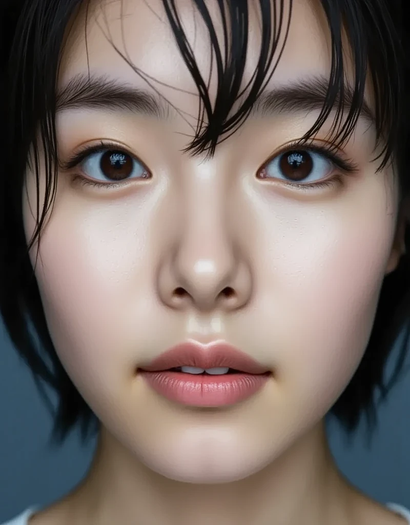 (Close-up shot of forehead to eyebrows of an Asian woman with natural smooth skin: 1.5), (full face: 1.8), (macro photo: 1.8) solo, dark, light slit, masterpiece, best quality, (highly realistic: 1.6), 16k, raw photo, highly detailed, (professional makeup: 1.6), (ultra close-up of face, close-up shot of forehead to eyebrows: 1.7), (ultra close-up of face with nose in the center and full screen: 1.6), (pose with face slightly to the left facing the camera: 1.7), big eyes, thin nose, open lips, (false mole, small blemish, detailed skin texture: 1.7),