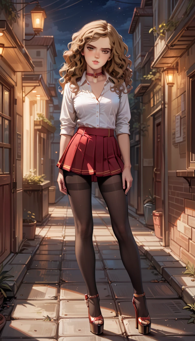 score_9, score_8_up, score_7_up, rating_questionable, 1girl, solo, very sexy (Hermione Ganger, cartoon of hrmgrgr, long wavy hair, light brown hair, brown eyes:1.5), beautiful waifu, adult, (sexy outfit, tights, white_blouse, short skirt, pleated skirt, choker, wedge heels:1.1), long legs, flirt, seductive, gaze, sexy look, half-closed eyes, head tilt, filled lips, thick lips, makeup, walking in Diagon Alley, shallow depth of field, (night:1.3), dimly lit.