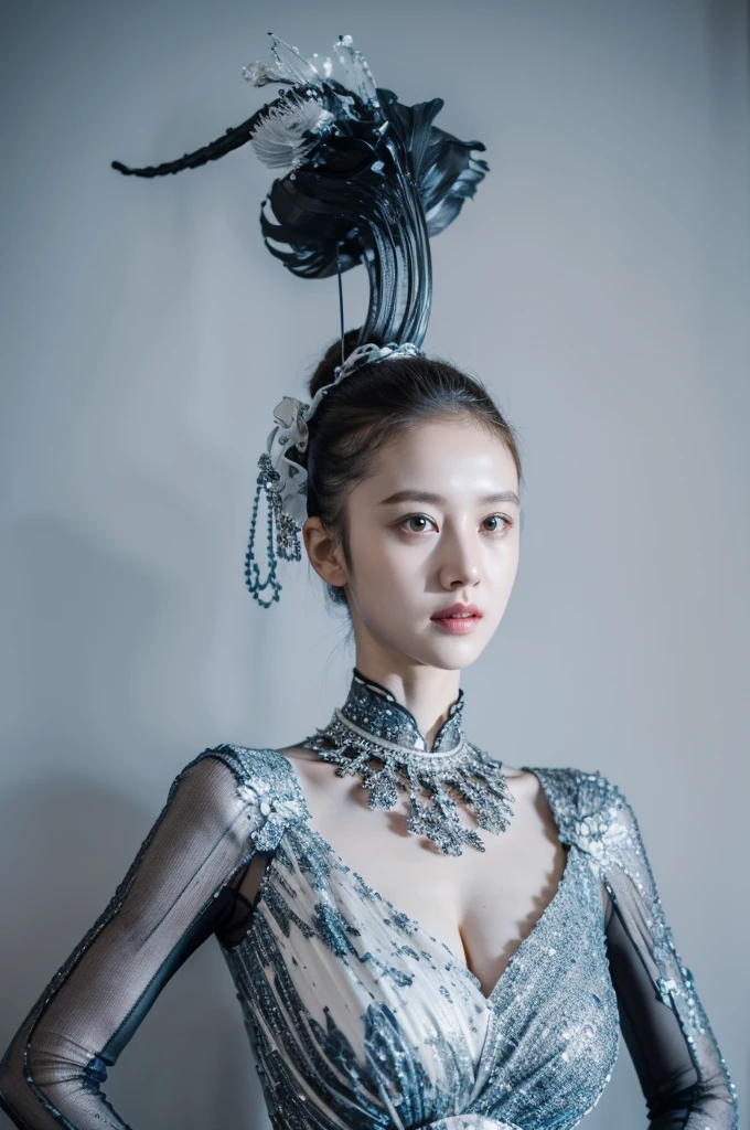 Clothing creative fashion design，Iris van Herpen designer style，Marine life curve，sense of lines，bone structure，Symmetrical design，Blue and white lines，Highlight sexiness，Japanese model，big breasts，Hot