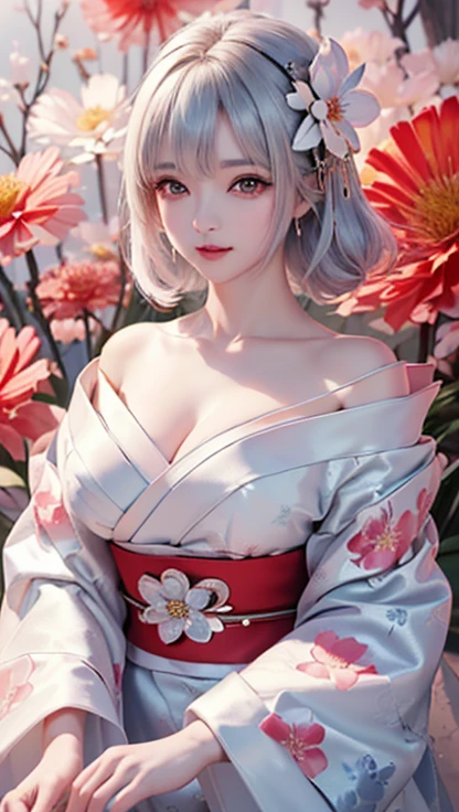 ((alone、Flower patternの着物を着崩して着た女性、Woman posing elegantly while sitting:1.4、Detailed face、Bright expression、Younger, brighter, whiter skin、Best Looks、The ultimate beauty、Silver hair with dazzling highlights、Shiny bright hair,、arranged hairstyle:1.2、髪がWindで踊る))(Surrounded by flowers、Wind、幻想的なWind景、)((Off-the-shoulder style、Exposing shoulders、Expose the neck、Exposing cleavage:1.2))The sleeves of the kimono are connected((Black kimono with red obi、Flower pattern:1.1)
