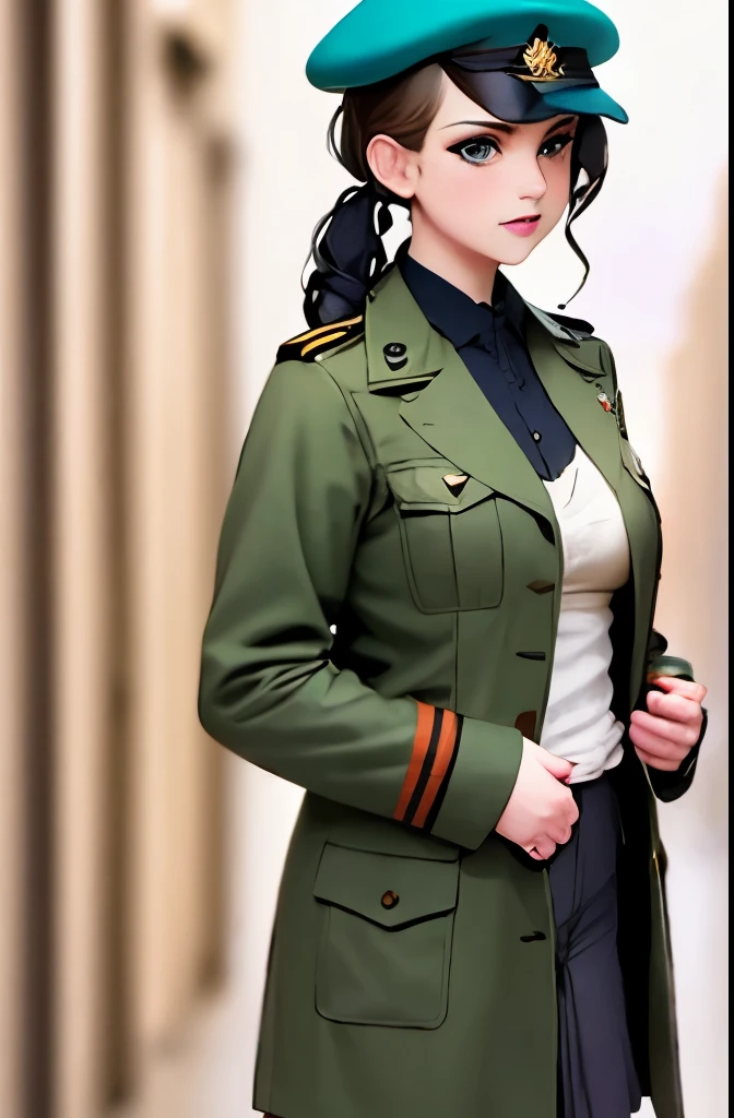 Modest outfit, remote shot, detailed beautiful delicate face, detailed beautiful delicate eyes, perfect facial proportions, high-definition skin, fine skin, four-inch best ratio. With one thumb, a masterpiece, highly detailed, realistic, (World War II German general uniform reference : 1.8), the highest face resolution, adult, modestly dressed woman, dressed entirely, ( small, black hair, black straight bangs, super fine braids, straight bangs, red glasses, dark green eyes), future, science fiction, fighter plane, standing On the landing of a fighter plane, the government agency, a deep intelligent personality, a calm expression, a respectful face, a war, a fighter plane