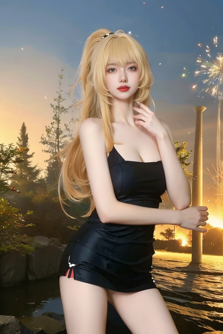  best quality, tmasterpiece,Ultra-high resolution,Clear face,（Reality：1.4），ferpect lighting，(upper body shot), (photorealistic:1.50), anime wallpaper, Guviz style artwork, cover-up fantasy up to magic , by Yang J, Guviz, beautiful artwork illustration, beautiful digital artwork, beautiful digital illustration, Li Song, beautiful anime portrait, art style in Beauvot,1girl, solo, long hair, blonde hair, Ponytail hair, Hair ribbon, Bangs, hair ornament, black dress, short dress, Thigh, standing,