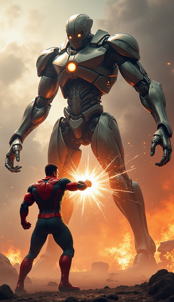 ((1man)) and ((1robot)), arms wrestling, fierce arms wrestling, muscular bodies, war ring, sitting opposite to each other, profile view, hands on a table , table in the between 1man and 1robot, fullbody view