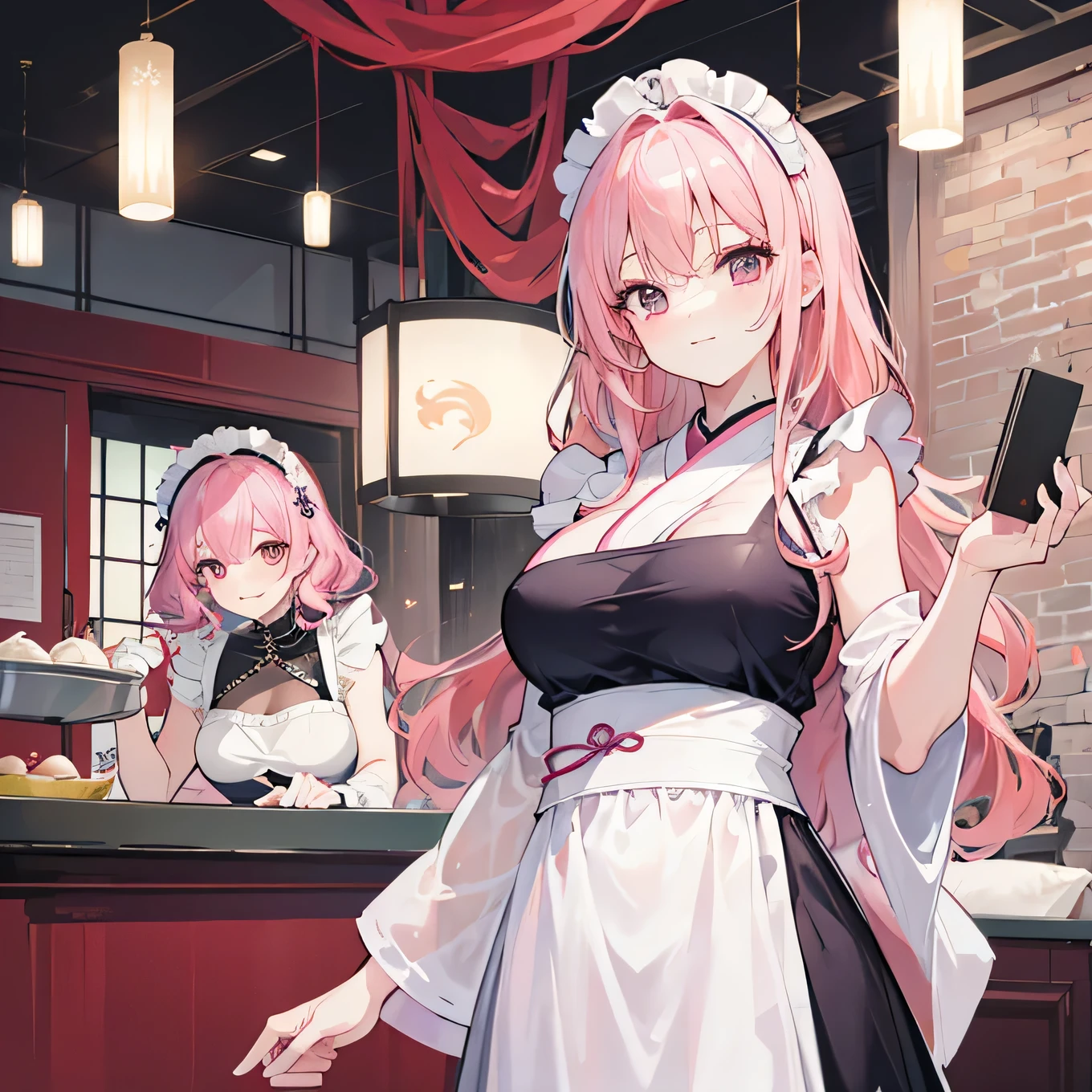 ( Masterpiece ), ( best quality), ( super detailed), Glamorous woman 、 A plump woman、 One Mature Woman 、(((Busty Maid 、 Sleeveless Kimono 、 White Apron Dress Pink Hair、 length, wavy hair )))、smile、 ((( bend down and look up at the viewer、Do accentuate cleavage) ))、#woman、 do、transparent bodystocking see-through, bodystocking 、 Angle from above