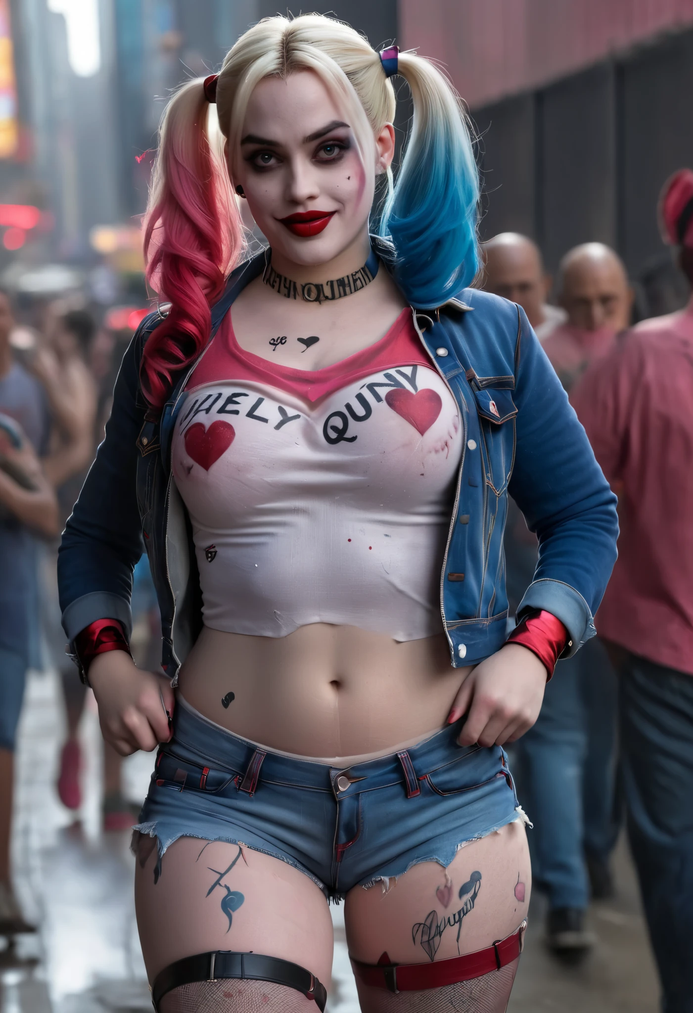 Ultra realistic HDR image of Harley Quinn with colored hair and makeup with heart tattoo and red lipstick and the body of a porn actress with big breasts and thick thighs she is wearing denim shorts and pink cropped and is walking in Gotham 