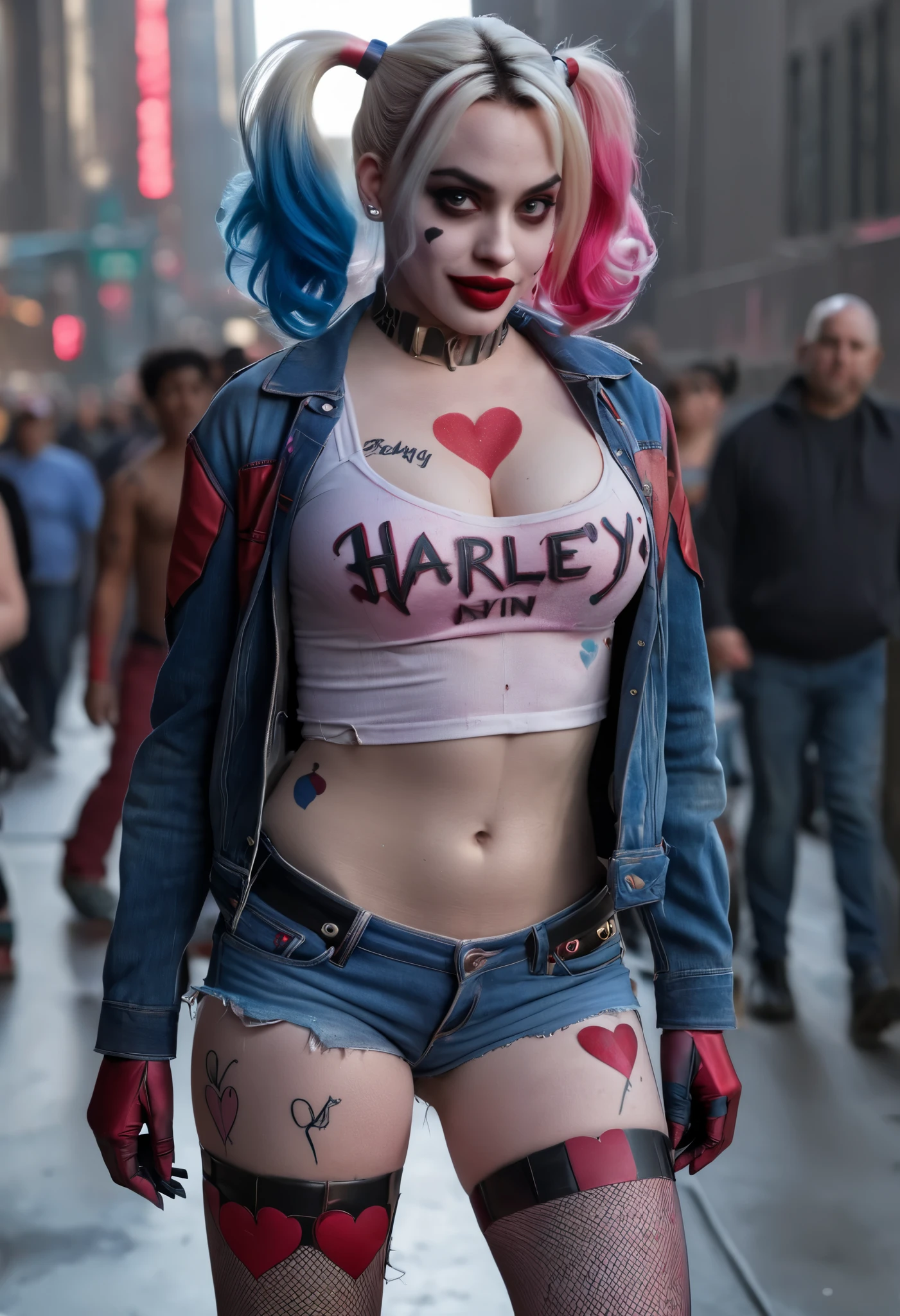 Ultra realistic HDR image of Harley Quinn with colored hair and makeup with heart tattoo and red lipstick and the body of a porn actress with big breasts and thick thighs she is wearing denim shorts and pink cropped and is walking in Gotham 