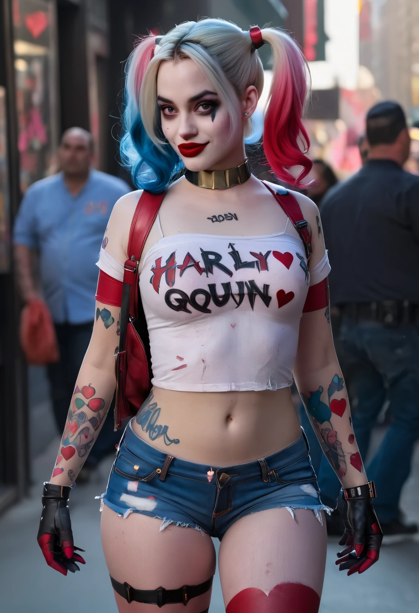 Ultra realistic HDR image of Harley Quinn with colored hair and makeup with heart tattoo and red lipstick and the body of a porn actress with big breasts and thick thighs she is wearing denim shorts and pink cropped and is walking in Gotham