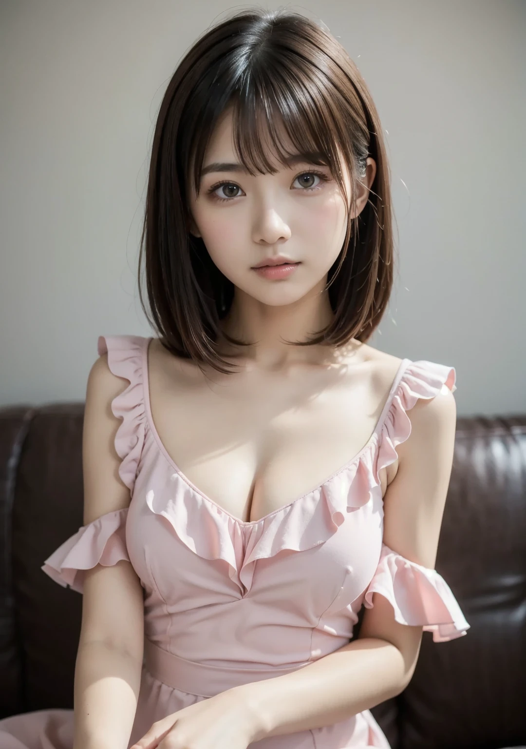  best quality,  face focus, Soft light,   ultra high resolution, (photorealistic:1.4),  RAW photos ,
 one Japanese girl drinking wine, Alone, 18 years old, Super cute face, (pupil,  Details of human skin texture with individual lights hitting the eyes  ),   detailed, ( small breasts),( high resolution detail of human skin texture),
(Medium Hair),
Sit on sofa,
(cute pink dress with ruffles)
( upper body)