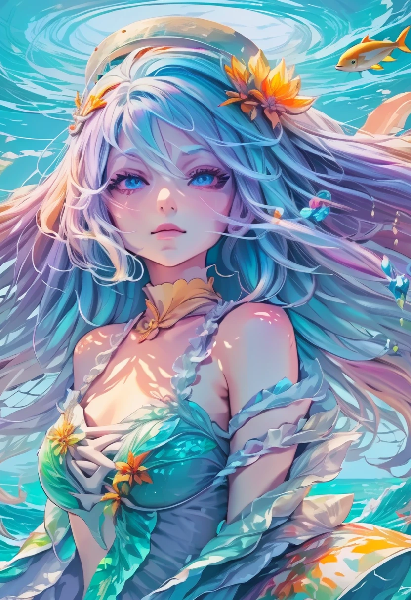 In the final evolution of Dolphin-chan, her image transcends into an iconic figure of the ocean's magic. Her hair and attire integrate advanced artistic techniques to appear as if made from water and light, with every strand and fabric flowing and pulsating with the life force of the sea. The hat is now an ethereal accessory, emitting a soft glow that illuminates the depths around her. Her eyes, windows to the soul of the ocean, shine with a wisdom and connection to all marine life, casting a serene yet powerful gaze. The dress is a confluence of elegance and the ocean's majesty, adorned with patterns that mimic the rhythm of the waves and the dance of underwater flora and fauna, accented with radiant, ethereal light. Set in a breathtakingly detailed undersea kingdom, Dolphin-chan stands as a guardian and guide, her presence bringing harmony and understanding between the human and marine worlds. This masterpiece captures the pinnacle of her journey, a testament to her enduring bond wit




