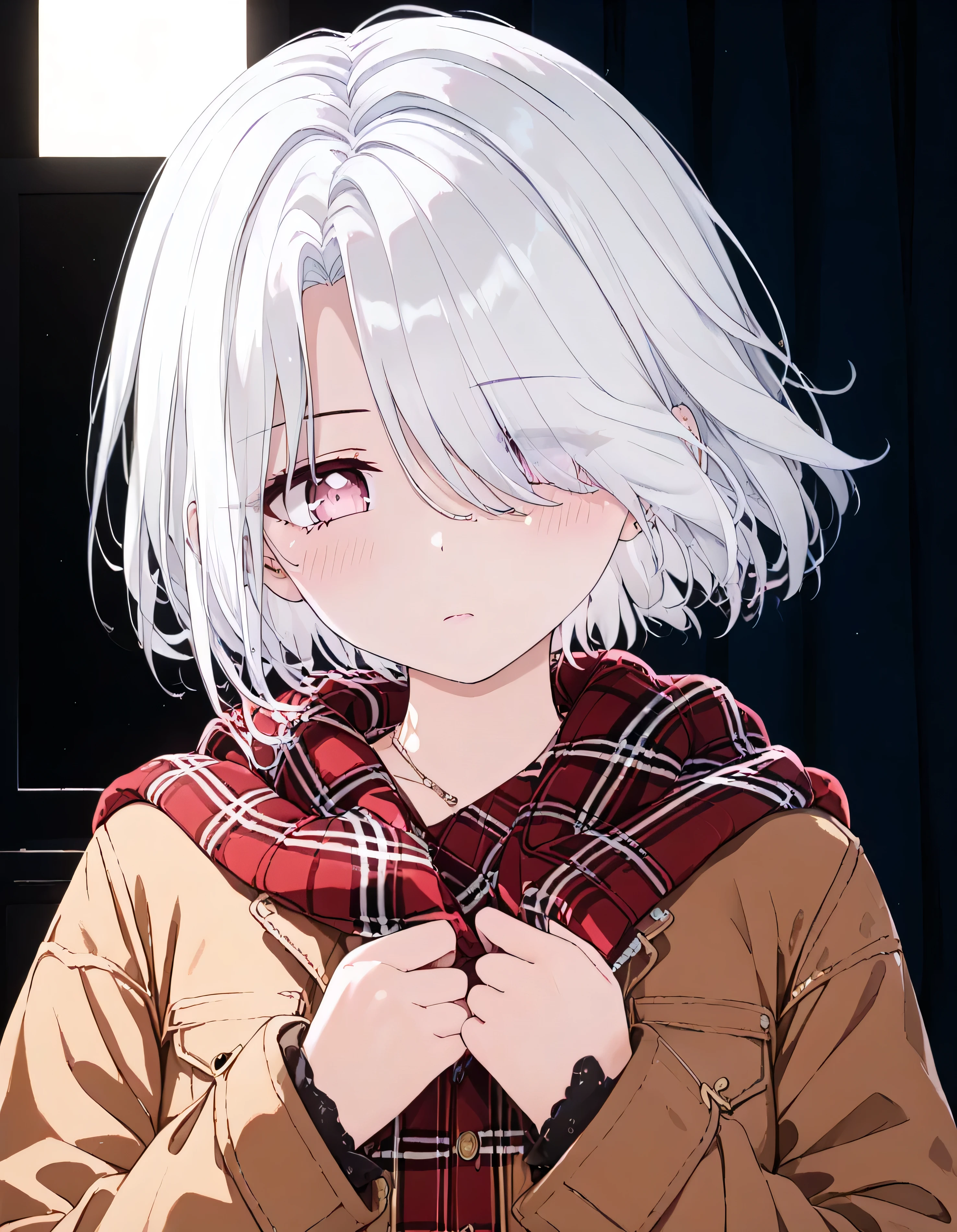 UN\(EOE\),youen\(EOE\),one girl,solo,best quality, masterpiece,score_9, score_8_up, score_7_up, score_6_up, source_anime, beautiful girl, iris midgar, perfect anatomy, (photoshooting studio scenery),,break,1girl,(dark background), (weak Lighting),,break, super detailed skin,very high resolution, very aesthetic,by famous artist, 8k, 16k,,beauty illustration,photoshop_(small),,(pink eyes:1.2),(white hair|Detailed hair|short hair|shiny hair|hair over one eye),((curtain haircut:1.2,curtained hair)),(brown cotton coat,flannel scarf),POV,(sleepy, depressed,jitome),dilated pupils, empty eyes,headphone,standing,arms down,hands down