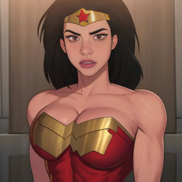 (High-definition CG), (    best quality ), (High-definition CG), (    best quality ), (Overall view)  cool and handsome face with a beard  ,      Wonder Woman costume    ,       beautiful and sexy young woman , 18 years old,        Toned and Muscular      ,  with a cool and handsome face   ,    sharp eye, Big Breasts, 